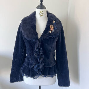 Vintage Navy Jacket w Real Rabbit Fur Collar Floral Romantic Beaded S-M